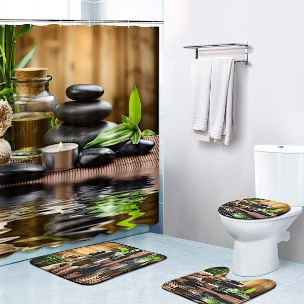 Vattentätt Duschdraperi, Miljövänligt Bambu Badrumsset Med Memory Foam-fyllning, Livfull Design Badrumsinredning 4 Delar
