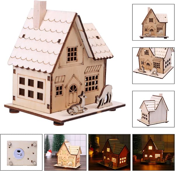 Julepynt i tre til bursdagsdekorasjon, DIY-prosjekt med et uferdig trehus, LED-lysende hus til bryllupsdekorasjon og