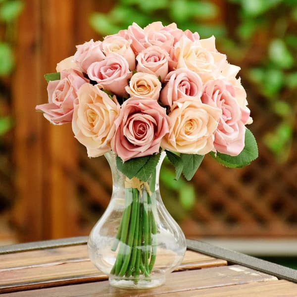 Rosa, kunstig rose, falsk silkerosebukett, bryllupsblomstdekorasjon