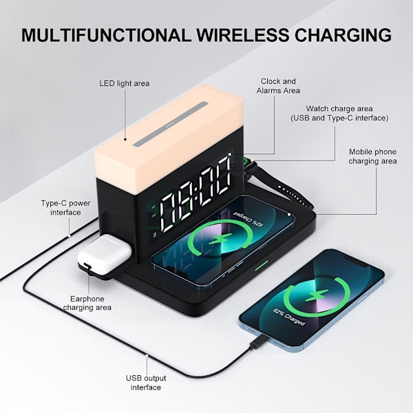 6-i-1 Trådlös Laddningsstation med LED-Nattlampa Digital Väckarklocka 18W Snabbladdning Kompatibel med iPhone 13 12 11 Pro SE XS XR X 8Plus 8