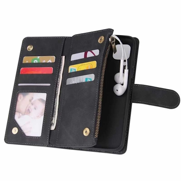 Samsung A12 Multifunktionellt Plånboksfodral Zipper 8-Fack Svart