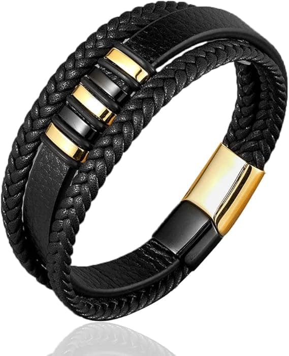 Flerlags herrelæderarmbånd i rustfrit stål med magnetlås