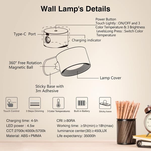 LED vegglamper, vegglamper med oppladbart batteri USB-port 3