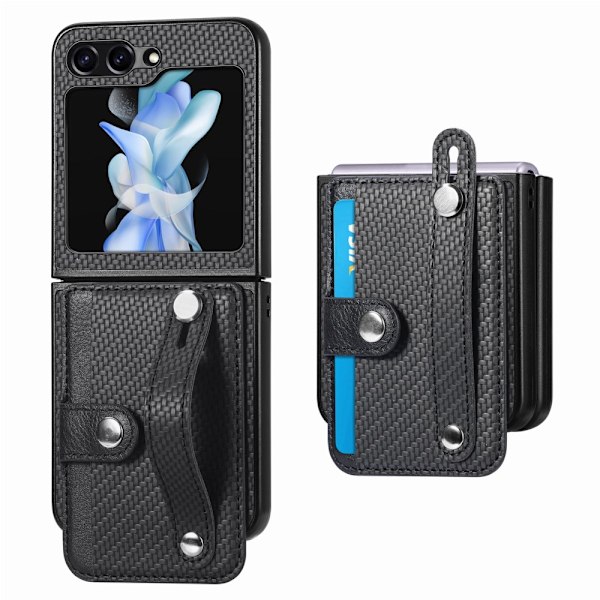 Läderskal Kortfack + Hand Strap Samsung Galaxy Z Flip 5 Svart