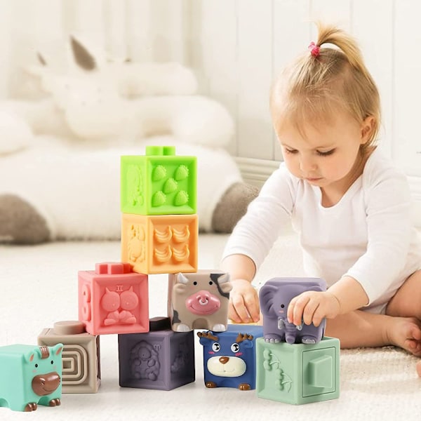 Mjuka stapelbara klossar för tidiga pedagogiska leksaker, sensorisk utforskning med Montessori-babyleksaker säkra material, babytandleksaker, färguppfattning