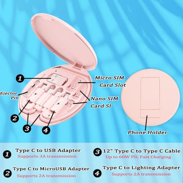 Monikäyttöinen USB-lataussovitinkaapelisarja, USB C - Lightning-sovitinrasia (sininen) pink