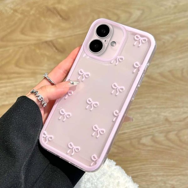 Skal för iPhone 16 Plus, Genomskinligt Sött Band Rosett Mönster Estetiskt Transparent Telefonskal Upphöjt Kameraskydd för Tjejer - Rosa iPhone
