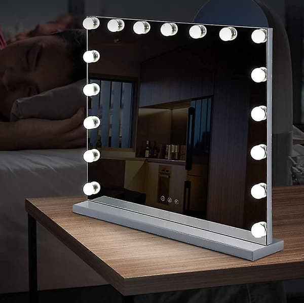 3-farvede lys, 14 dæmpbare LED-pærer, USB-genopladelige pærer tilgængelige til store makeup-spejle
