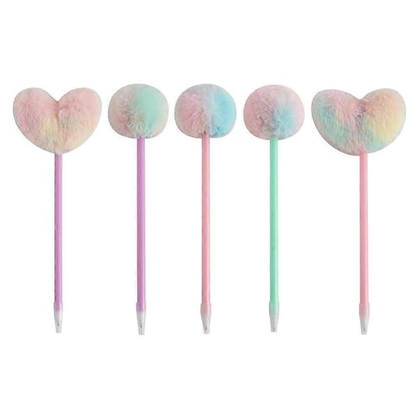 5 stk. dekorativ kuglepen med pompon-top, yndig fluffy kuglepen, hjerte-pompon-pen