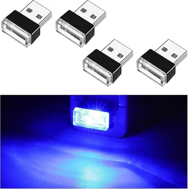 4 stk. USB LED bil interiør atmosfære lampe, bærbar mini LED natlampe, plug-in USB interface bagagerums ambient belysningssæt, universal bil interiør AC