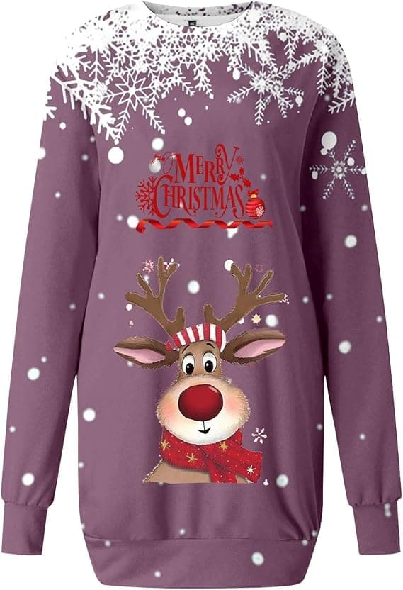 Jule-sweatshirtkjole til kvinder med rund hals og lange ærmer, 3D-digitalt print pullover - Lilla - Størrelse 5XL Purple 5XL