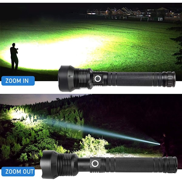 SuperBrightFlashlights, HögLumensUppladdningsbar, XHPLedChip, FleraBelysningslägen, SnabbladdningTypeC, FlygplansklassadAluminiumlegering, Nödläger