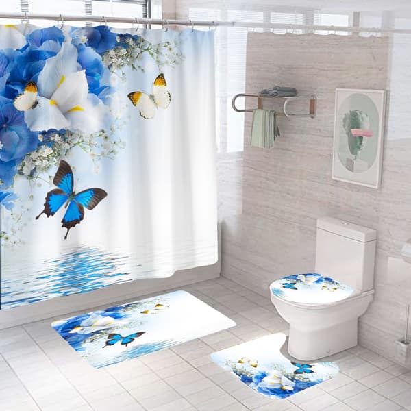 3D-printet badeforhæng - 180*180cm blå sommerfugle og blomster