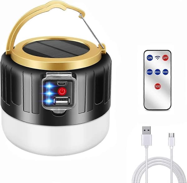 USB Genopladelig LED Campinglampe, Solcellelampe, 5200 mAh Eksternt Batteri, IPX6 Vandtæt, 5 SOS-tilstande (Sort)