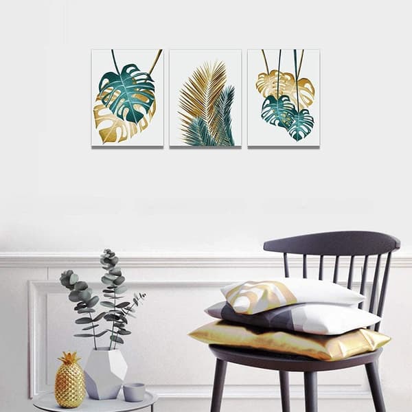 Ableau Väggdekoration Vardagsrum Canvas Monstera Guld och Grön