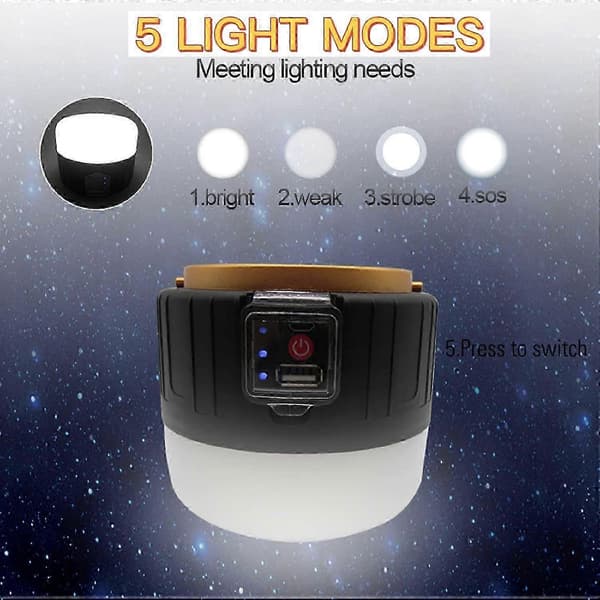 USB Genopladelig LED Campinglampe, Solcellelampe, 5200 mAh Eksternt Batteri, IPX6 Vandtæt, 5 SOS-tilstande (Sort)
