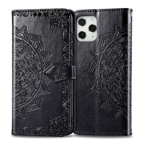 iPhone 12 Pro Max - Mandala Läder Fodral - Svart Black Svart