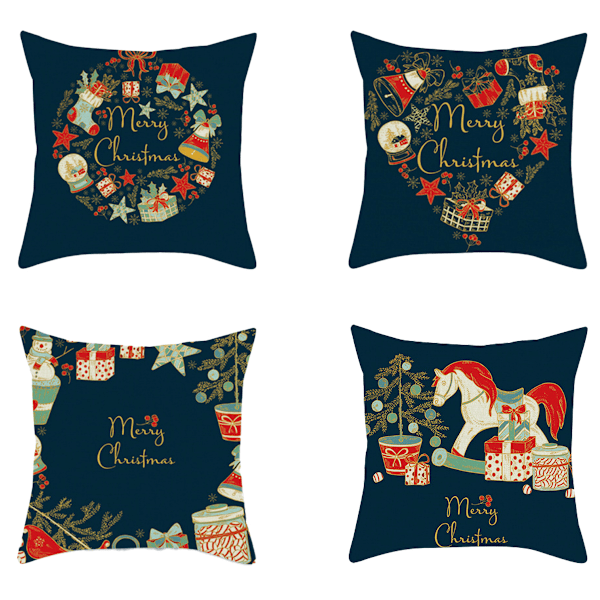 Juldekoration för Soffa, Prydnadskuddfodral Set om 4, Unika Julelementsdesigner, Mjukt Bekvämt Tjockt Tyg, Polyesterlinne