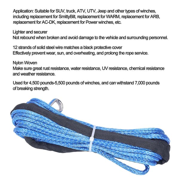 Trailer Spilreb 6mmx15m/ 1/4inx50ft Nylon Blå Slidstærk Erstatning for ARB SUV'er Lastbiler UTV'er