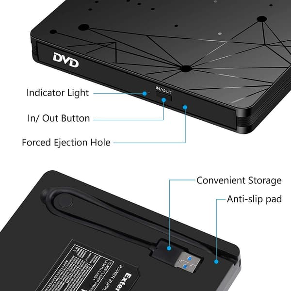 Ekstern DVD-stasjon for bærbar PC, USB 3.0 bærbar optisk slank CD/DVD-brenner/spiller for stasjonær PC