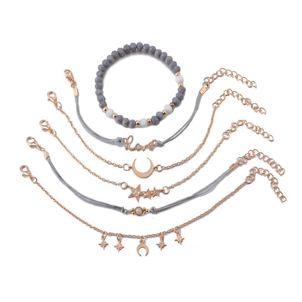 Sæt med 6 Boho armbånd med stjerner og måner Perlearmbånd i c