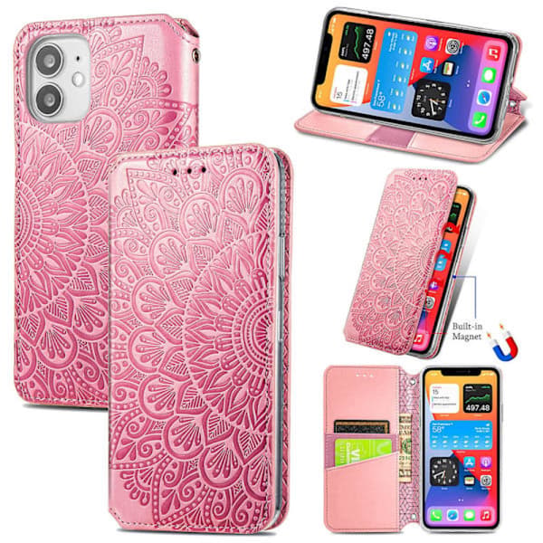 Præget iPhone 12 Mini Pung Etui - Pink