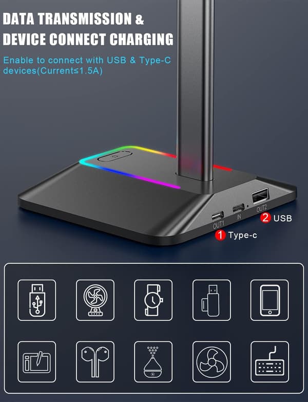 Kuuloketeline RGB-kuulokepidike 2 USB-portilla