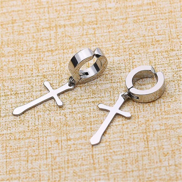 Icke-piercade Clip On Kors Dangle Hoop Örhängen Set, Rostfritt Stål Ingen Piercing