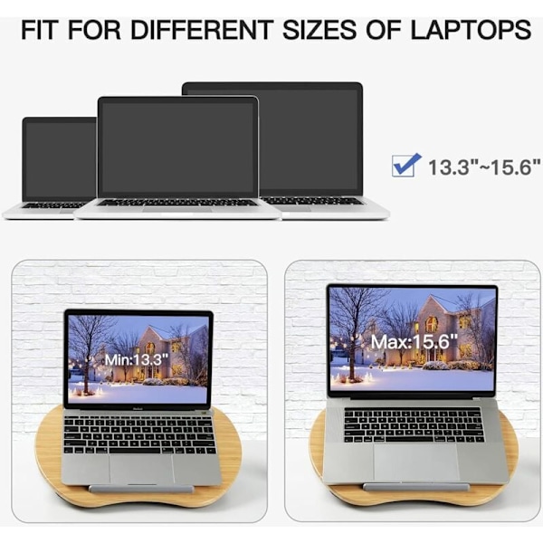 Laptopstativ med kudde och bambuplattform på säng och soffa, knäskrivbord med kabelhål och halkfri remsa, för PC, surfplatta upp till 15,6\"
