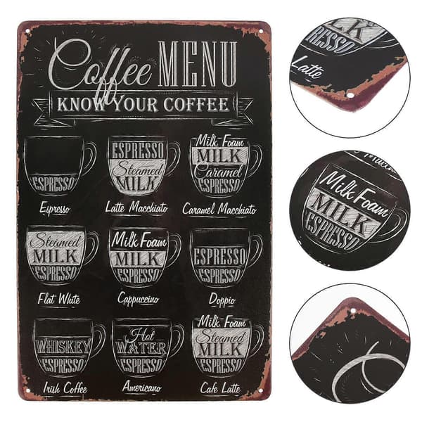 Kaffemeny Känn ditt kaffe Plåtskylt Vägg Retro Metall Bar Pub Affisch