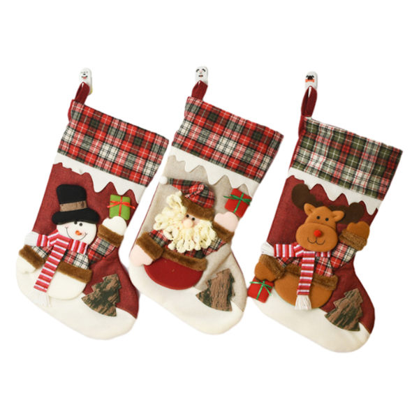 Hängande julstrumpa för flickor pojkar present träd, 53 cm rutiga julstrumpor set om 3 säckväv fluff non-woven linne utsmyckade strumpor för