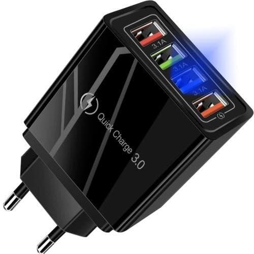 2-pakning mobillader / hurtiglader med 4 uttak - QC3 Svart