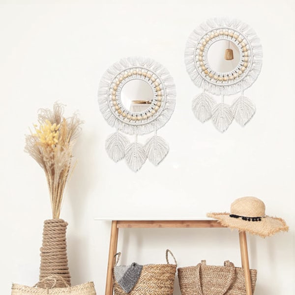 Bohemisk Macramé Väggspegel, Underbar Minimalistisk Design, Högkvalitativt Bomullshantverk, Stilfull Miljövänlig Dekor, Idealisk Retrostil för Hemmet