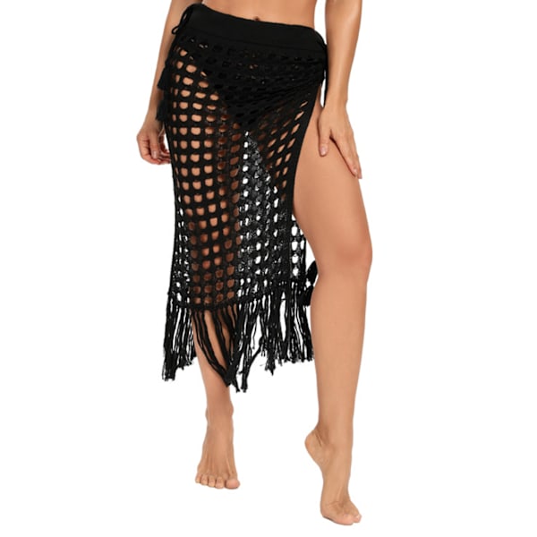 Dam Hålad Ur Kjolar Mesh Tofs Stickad Delad Fåll Hög Midja Sido Knytning Strandöverdrag Sarong Svart L