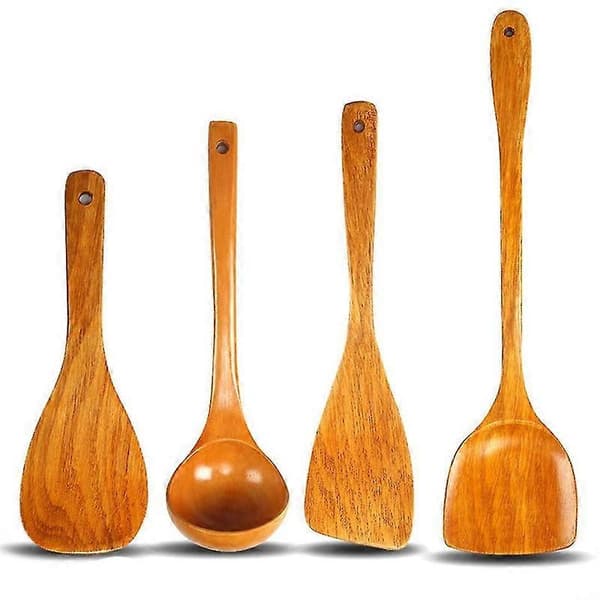 4 stk. kjøkkenredskaper i tre, uten maling, non-stick gryte, solid trespade sett, ren teak, solid tre, lang