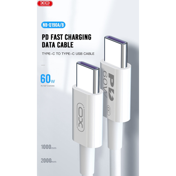2m Snabbladdning 60W USB-C To USB-C PD kabel Samsung, iPhone15/16 Vit