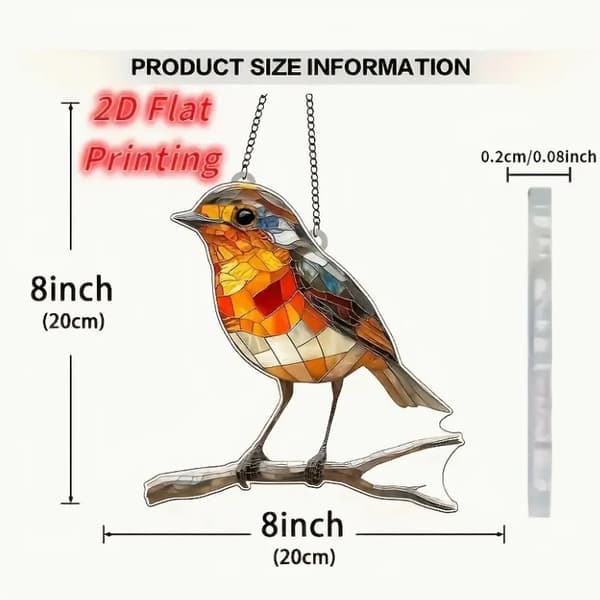 20 cm akryl-rødstrupepynt med glassmaleri-effekt, 2D flatprintet vindusdekorasjon
