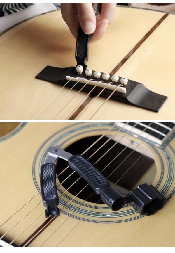 3-i-1 gitarstrengsveiv, strengkutter og brostiftrekker