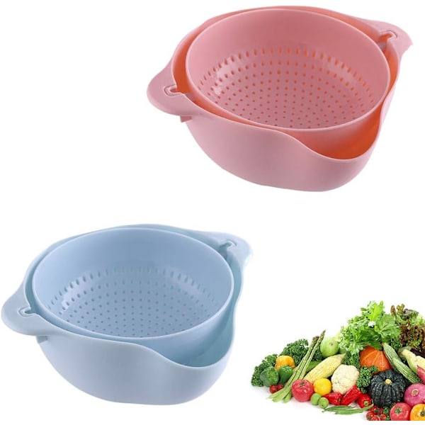 Dubbellagers Roterbar Dräneringsskål, Utrymmesbesparande Förvaringskorg med Snabb och Grundlig Dränering för Köket, Ihålig Design för Enkel Rengöring (Rosa)