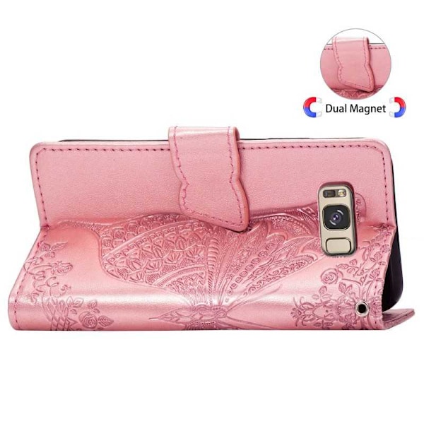 Samsung S9 Plånboksfodral PU-Läder 4-FACK Motiv Fjäril Rosenguld