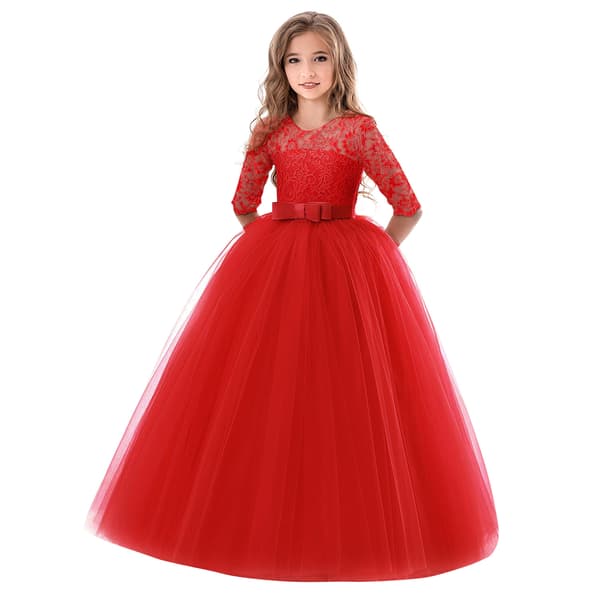 Blomsterflickaklänning med spets 3D-blomdetaljer, bröllopsklänning för småbarn, elegant prinsessinspirerad långärmad design med detaljerad kantning red 130cm