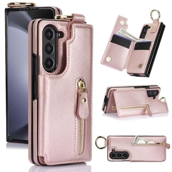 (For Samsung Galaxy Z Fold 7) Durable Phone Case with Ring Grip Rose Gold brun