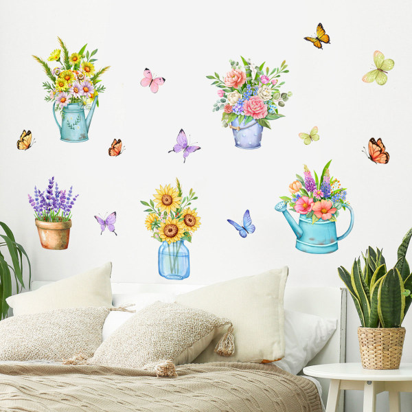Väggklistermärken, växter, blommor, fjärilar i krukväxter, vägg