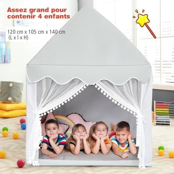 COSTWAY Lektält för barn - Tvättbar bomullsmatta - Ram av massivt trä - Fönster med gardiner - 120 x 105 x 140 cm - Grå Grå och vit