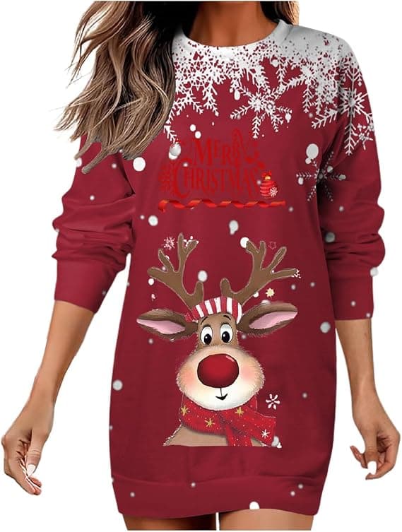 Jule-sweatshirtkjole til kvinder med rund hals og lange ærmer, 3D digitalt print pullover - Rød - Størrelse 2XL Red 2XL