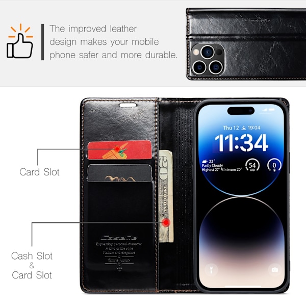 CaseMe Läderfodral iPhone 15 Pro Svart