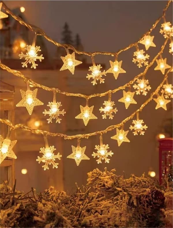 Stjerne- og snøfnugg-lysslynge, batteridrevet med konstant lys og blinkende funksjon, perfekt til jul (3 m, 20 lys) 3m 20 lights