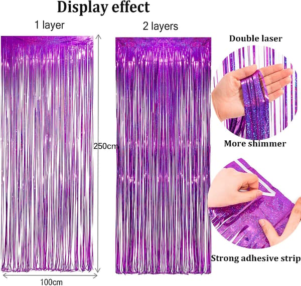 (2 kpl, 1x2,5 m) Vaaleanpunainen folioverho taustaksi, kimalteleva tinsel