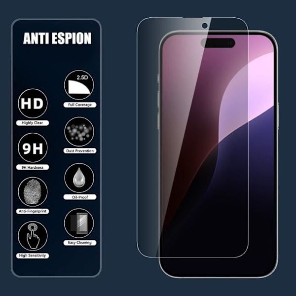 Antispion härdat glas för iPhone 16 Pro, set med 4 skyddsglas Svart