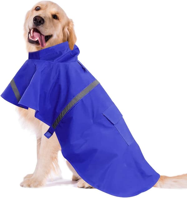 1 stk. regnfrakke til hunde og katte med hætte og refleksstribe (blå, størrelse